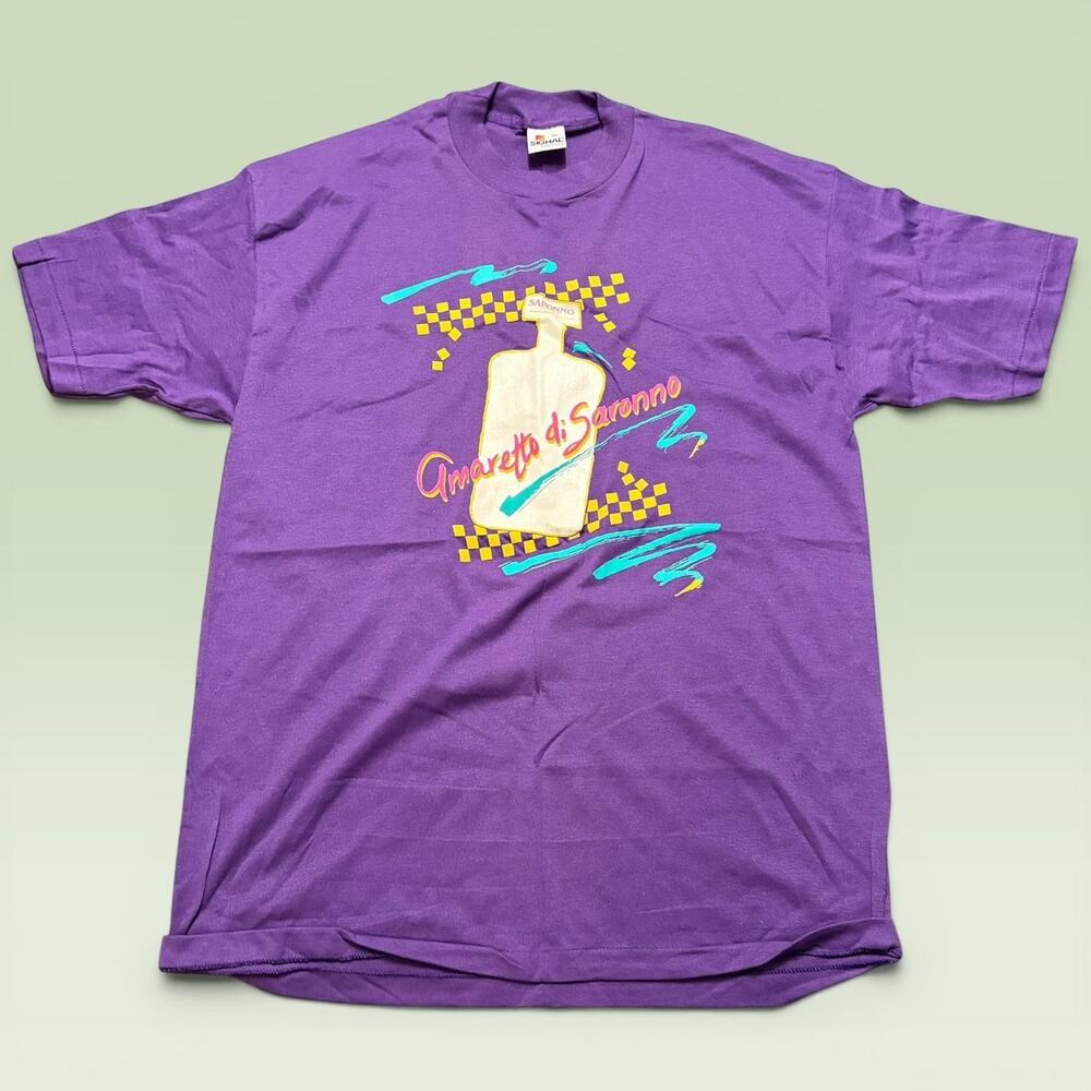 Vintage Amaretto Di Saronno Shirt Mens XL Purple Signal Liquor Graphic Tee 80s